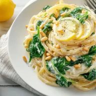 Lemon Ricotta Pasta with Spinach and Toasted Pine Nuts