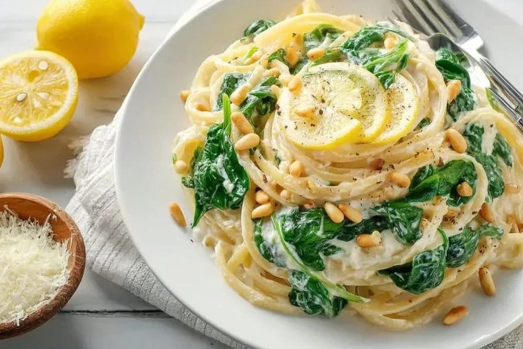 Lemon Ricotta Pasta with Spinach and Toasted Pine Nuts