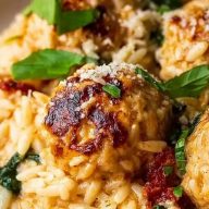 Juicy Marry Me Chicken Meatballs Orzo